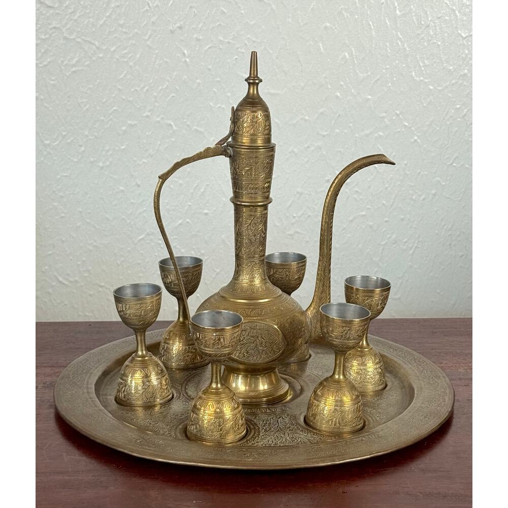 Brass Ewer and Cup Set 1970s Engraved Table Service
